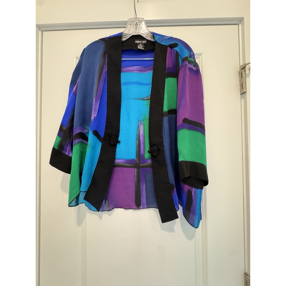 Simply Silk 100% Silk Patchwork Kimono Jacket Multicolor Abstract Print Sz M - Picture 2 of 9